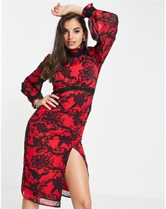Красно черное платье миди с контрастной кружевной отделкой и высоким воротником Hope & ivy