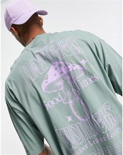 Oversized футболка серого цвета из смесового органического хлопка с принтом гриба на спинке Asos design