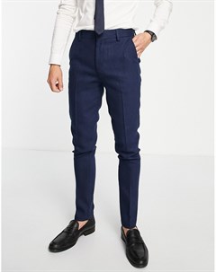 Темно синие брюки облегающего кроя из ткани с добавлением шерсти и узором в елочку Wedding Asos design