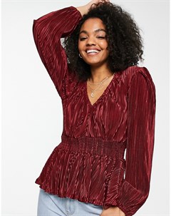 Бордовая блузка с плиссировкой и V образным вырезом New look