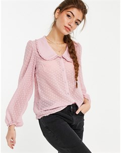 Бледно розовая блузка из ткани добби с воротником и принтом в горошек New look