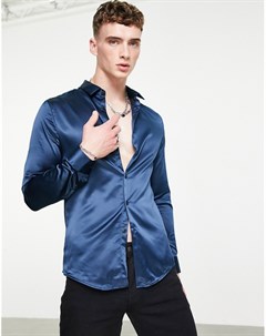 Атласная зауженная рубашка темно синего цвета Asos design