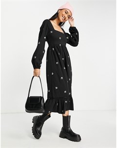Черное платье миди с присборенной юбкой квадратной горловиной и цветочной вышивкой по всей поверхнос Asos design