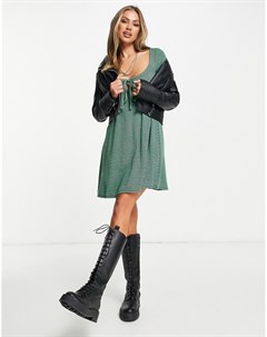 Платье мини в стиле бэби долл с длинными рукавами завязками и зелено черным узором гусиная лапка Asos design