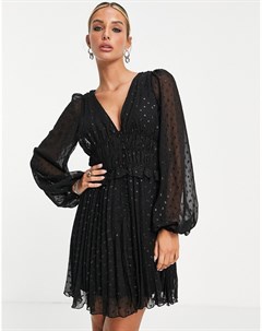 Плиссированное платье мини из ткани добби черного цвета с эффектом металлик на пуговицах с присборен Asos design