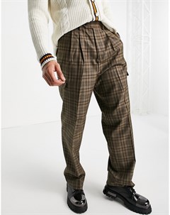 Строгие брюки в коричневую клетку с завышенной талией широкими штанинами и карманами карго Asos design