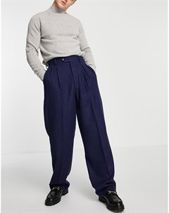 Темно синие широкие брюки c завышенной талией из саржи с добавлением шерсти Asos design