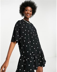 Черно белое платье футболка в стиле oversized с оборкой по краю и принтом в горошек Asos design
