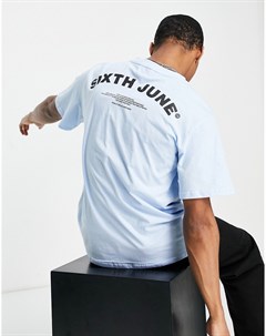 Голубая футболка с изогнутым принтом логотипа на спине Sixth june