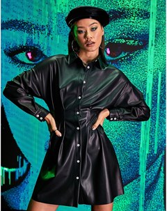 Черное платье рубашка мини из искусственной кожи с защипами на талии Asos design
