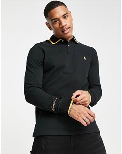 Черная рубашка поло из пике с длинными рукавами и золотистой окантовкой Polo ralph lauren