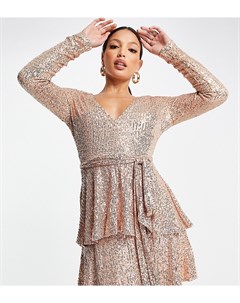 Эксклюзивное многоярусное платье мини цвета розового золота с глубоким вырезом и пайетками In the style tall