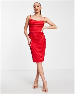 Красное платье миди со сборками корсетной вставкой и свободным воротом Femme luxe