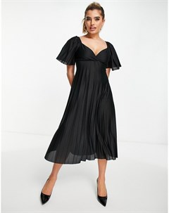 Черное плиссированное платье миди с короткими рукавами и перекрученной отделкой на спине Asos design