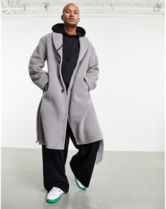 Серое удлиненное oversized пальто с поясом из материала под шерсть Asos design