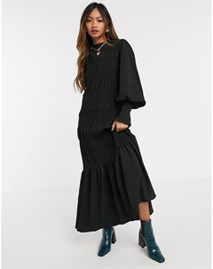 Черное присборенное платье миди с оборкой по нижнему краю Asos design