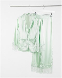 Атласная премиум пижама шалфейно зеленого цвета с рубашкой и брюками с бахромой Asos design