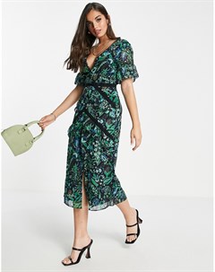 Чайное платье миди с контрастной кружевной отделкой и сине зеленым цветочным принтом Hope & ivy
