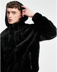 Черная куртка из искусственного меха с капюшоном Bershka