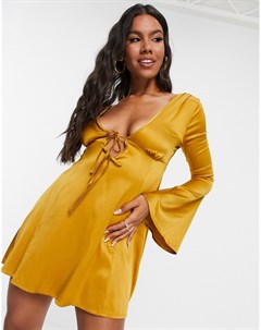 Золотистое приталенное платье мини со свободной расклешенной юбкой и завязкой спереди Asos design