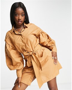 Светло коричневое платье рубашка с рукавами со складками и поясом Asos design