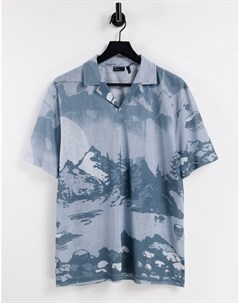 Свободная футболка поло без застежек с отложным воротником и принтом гор Asos design