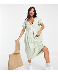 Шалфейно зеленое платье миди с вышивкой ришелье и V образным вырезом в стиле ампир ASOS DESIGN Petit Asos petite