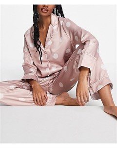 Розовая атласная пижама в горошек New look