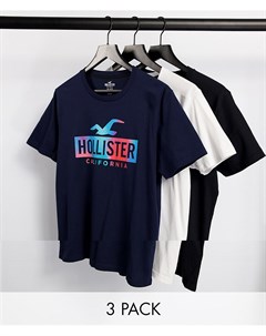 Набор из 3 футболок с логотипом в рамке с эффектом омбре белого темно синего и черного цвета Hollister