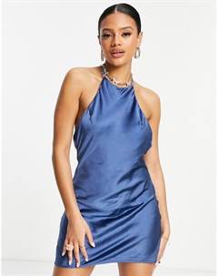 Синее атласное платье мини с бретелькой через шею Parallel lines