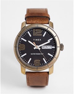 Часы с черным циферблатом и коричневым ремешком из натуральной кожи Timex