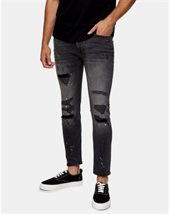 Эластичные зауженные джинсы черного выбеленного цвета из смесового органического хлопка со рваной от Topman