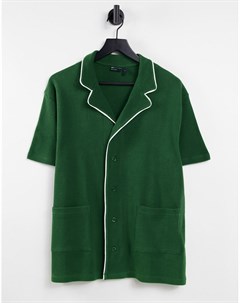 Свободное зеленое поло из вафельного трикотажа с карманами и белой окантовкой Asos design