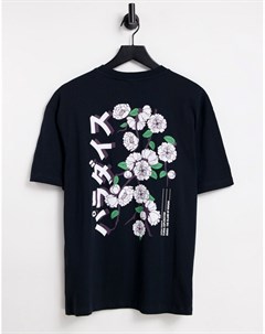 Oversized футболка темно серого цвета с принтом цветов и надписью на японском на спине Only & sons