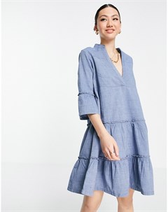 Голубое свободное платье мини из шамбре и смесового органического хлопка Vero moda
