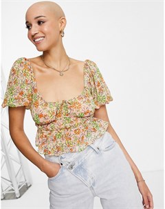 Яркая блузка с завязкой спереди и цветочным принтом в стиле ретро Miss selfridge