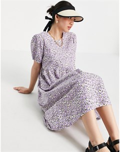Сиреневое платье миди из органического хлопка с присборенной юбкой пышными рукавами и мелким цветочн Vero moda