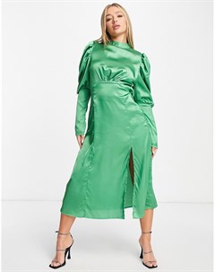 Зеленое атласное платье миди с разрезом и высоким воротником Ax paris