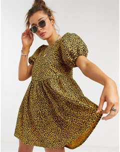 Свободное ярусное платье мини желтого черного цвета с леопардовым принтом Asos design