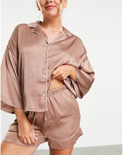 Атласная пижама цвета мокко с шортами принтом в горошек и окантовкой Vero moda