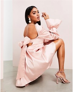 Светло розовое атласное платье комбинация с бантом Asos luxe