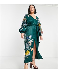 Хвойно зеленое атласное платье миди с поясом и цветочной вышивкой Curve Asos edition