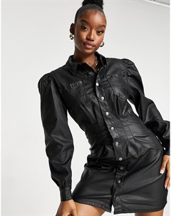 Черное джинсовое платье рубашка с поясом и защипами на талии Missguided