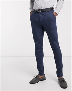 Темно синие супероблегающие брюки с добавлением шерсти и узором в елочку wedding Asos design