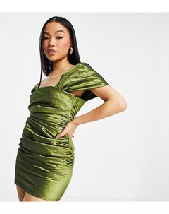 Платье мини из тафты оливкового цвета с открытыми плечами сборками и шнуровкой на спине ASOS DESIGN  Asos petite