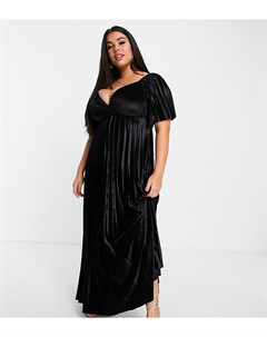 Черное плиссированное бархатное платье миди с перекрученной деталью на спине и завышенной талией ASO Asos curve