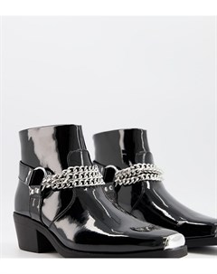 Черные лакированные ботинки челси для широкой стопы в стиле вестерн на кубинском каблуке с серебрист Asos design