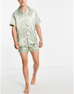 Зеленая атласная пижама с рубашкой и шортами Asos design