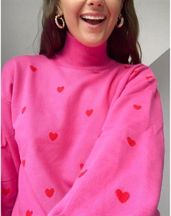 Розовый oversized джемпер с высоким воротником и вышивкой с сердечками Heartbreak