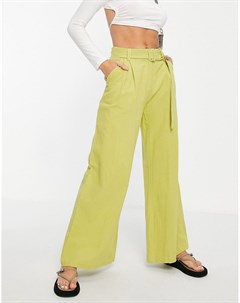 Шалфейно зеленые льняные брюки с широкими штанинами и ремнем Missguided